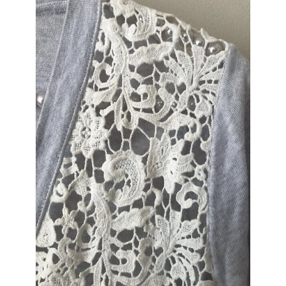 LOFT Womens Size M Cardigan Sweater Button Front Gray White Lace Crochet Front